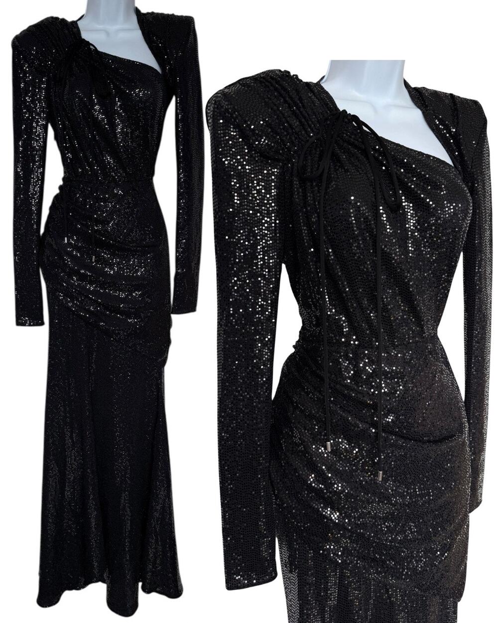 The Attico Black Sequin Asymmetrical Long Sleeve Dress Formal Gown IT38